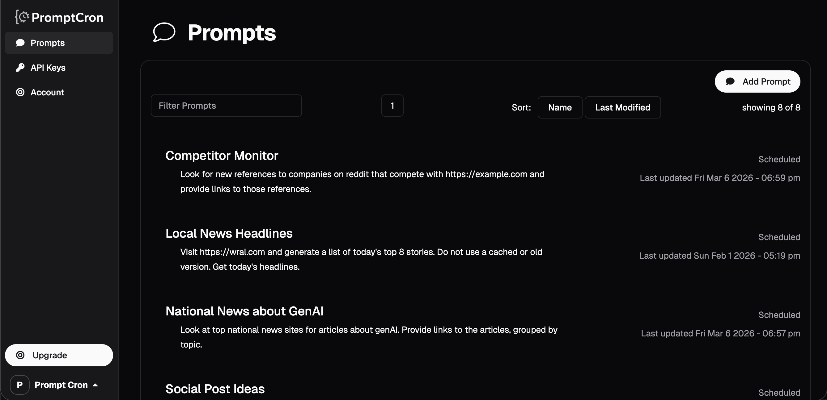 PromptCron interface showing a scheduled AI prompt